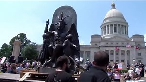 Satanic Temple unveils statue of Baphomet at protest of Ten Commandments monument in Arkansas state capitol