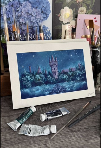Gouache Painting of a Dreamlike Castle