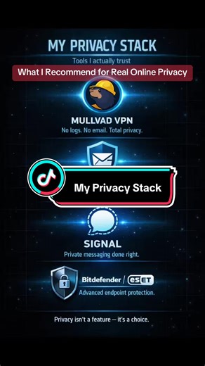 Most “privacy tools” are marketing. These aren’t. This is the exact stack I trust to protect my data, my messages, and my devices — no sponsors, no hype, just tools that actually work. 🔒 Mullvad VPN – No logs. No email. No tracking. 📧 Tuta Mail – Encrypted email done right. 💬 Signal – Secure messaging without metadata abuse. 🛡️ Bitdefender / ESET – Real endpoint protection, not spyware. Privacy isn’t a feature. It’s a decision.