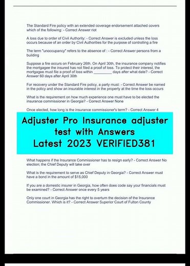 Adjuster Pro Insurance adjuster test with Answers Latest 2023 VERIFIED381 video
