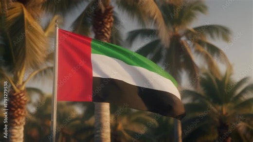 UAE flag waving gently in a breezy tropical location with palm trees, evoking travel, tourism, and national pride in the United Arab Emirates