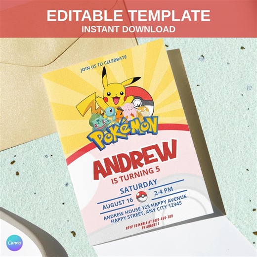 Pikachu Birthday Invitation Template, Printable Party Invite (digital Download) - Etsy