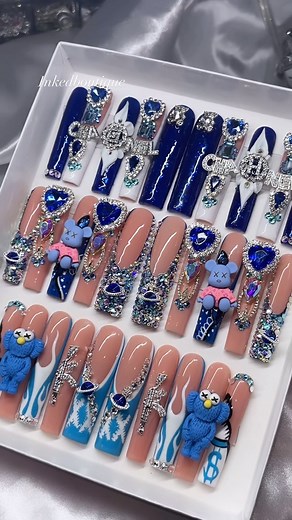 Inkedboutique on Instagram: "This Order 😮‍💨😮‍💨💙🥶 Using @jennysecretofficial “crystal glue” ✨ #pressons #pressonnailsforsale #pressonnailset #bluenails #royalblue #longnails #explore #explorepage #kaws #3dnailsart #luxurynails #bling"
