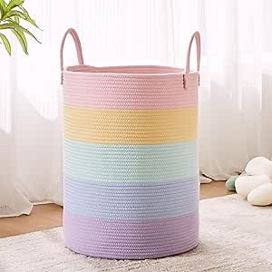 15Dx20H inches Large Baby Girls Kids Hamper Rainbow Laundry Basket for Nursery Clothes Pastel Unicorn Woven Hamper Tall Blanket Basket in Playroom Bedroom 62L