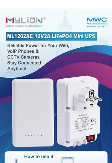 Mylion 12V2A smart adapter lifepo4 mini ups battery backup for router erro WiFi 6 cpe IOT security door access. Over 6hours backup time for 12V0.5A router. Needn’t additional adapter. Over 3000times cycle lifeSafest lifepo4 lion battery. New product show in MWC Smart charger with battery inside it. Not only a charger but also a smart battery. Let your electronics never stop even AC power blackout. Find new battery in MWC Barcelona. Mylion booth 5K31 Date March 3-6th Save this video and visit Myl