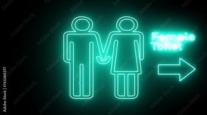 Glowing neon outline female toilet or restroom sign on a black background. Female sign. Sign women's toilet. Man and women toilet signs in neon lights animation Stock Video