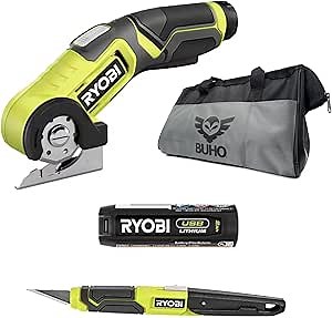 Power Cutter and Knife Bundle with Cordless Cutter, Quick Change Knife and Buho Tool Bag Bundle - for Cardboard, Plastic, Carpet, and Rubber - with USB Lithium Battery