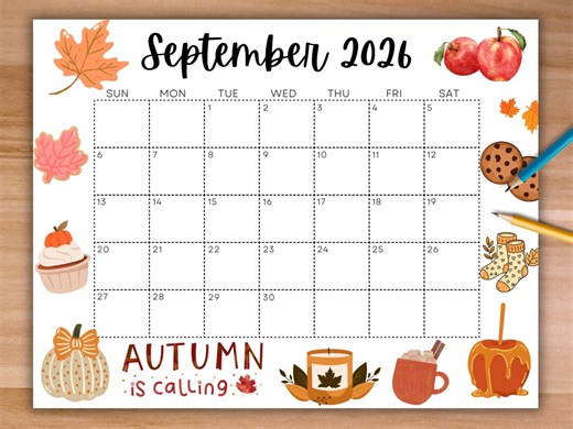Editable September 2026 Calendar, Printable Calendar W/ Autumn Vibes, Academic Planner, Monthly Calendar for Fall, Instant Download for Kids - Etsy