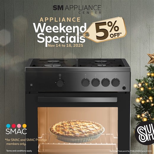 Experience special savings at SM Appliance Center's #WeekendSpecials this Nov 14 to 16!​ Take advantage of 5% OFF on featured appliances when you shop with our SMAC or SMAC Prestige card. Shop at your nearest #SMApplianceCenter! ​ Visit our website: smappliance.com ​ Like us on Facebook: https://bit.ly/33Pl8R2 ​ Follow us on Instagram: https://bit.ly/36iqep5 ​ Join us on Viber: https://bit.ly/3uNzk8V ​ Terms and Conditions apply. Per DTI Fair Trade Permit No. FTEB-229063 Series of 2025 | SM Appl