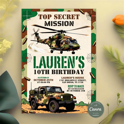 Military Birthday Invitation, Army Top Secret Mission Invite, Camo Soldier Party, Helicopter Jeep Birthday, Editable Canva Template - Etsy