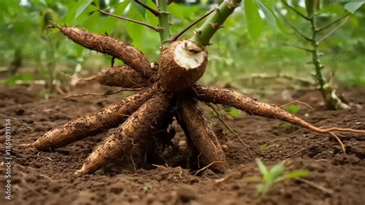 Freshly Harvested Cassava Roots in Rich Brown Soil, Close-Up View of Manioc Plant with Edible Tubers.