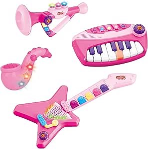 Liberty Imports 4-Piece Band Musical Toy Instruments Playset for Kids - Keyboard, Guitar, Saxophone and Trumpet - with Volume Control (Pink)