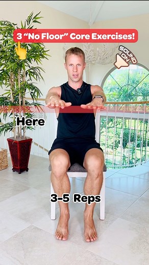 3 “no floor” core exercise routines! Each repetition should be 20 seconds a piece and repeat them 3-5 times each! These exercises are perfect for both beginners and experts - simply grab a chair and perform these routines right in your home. #seniorfitness #fitnesstips #beginnerworkout #coreworkout #waistline #seniorliving #athomeworkouts #bodyweightworkout | Grow Young Fitness