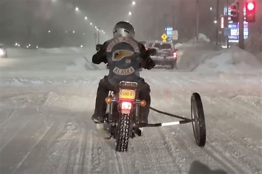 Hells Angel Uses "3rd Wheel" In The Snowy Streets of Alaska