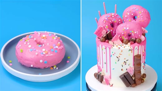 Pink donut dessert cake display