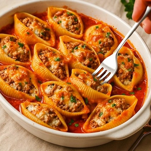 Baked Beef Stuffed Shells 🍝🧀 Cheesy, easy family dinner with classic comfort vibes. 📝 Ingredients: 20–24 jumbo pasta shells 1 lb ground beef 1 cup ricotta cheese 1 cup shredded mozzarella ½ cup grated Parmesan 2 cups marinara sauce 1 small onion, finely diced 2 cloves garlic, minced 1 tsp Italian seasoning 1 tsp salt 1 tsp black pepper 2 tbsp chopped parsley 🍴 How to prepare it: 1️⃣ Boil the shells: Cook until al dente for easy weeknight meal prep and perfect comfort texture. 2️⃣ Make the be