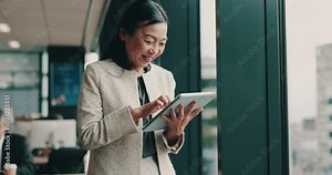 Business woman, tablet and celebration in office for success, investment growth and networking client. Japanese manager, technology and happy in workplace for development pitch or project feedback