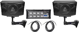 Rockville KPS12 Bundle: (2) 12-in 3-Way 1600W Pair / 400W RMS Karaoke Speakers, RPM85 8-Ch Mixer with Bluetooth, RPW20 Wall Mount Brackets, (2) RVSSA1 Pole Adapters, (2) 20 ft TS Cables, 8-Items
