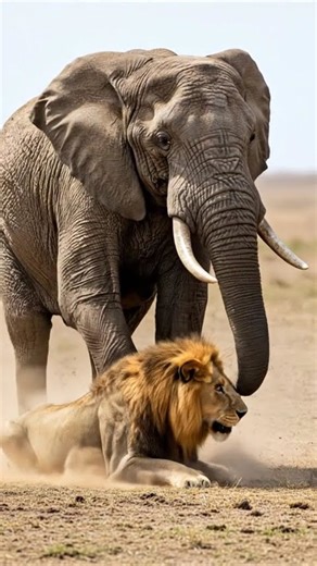 #A bull elephant attacked a lion that tries to attack it. #animalworld #lion #safari #wildlife
