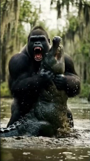 A gorilla’s swamp battle: A brutal showdown with a ferocious alligator.