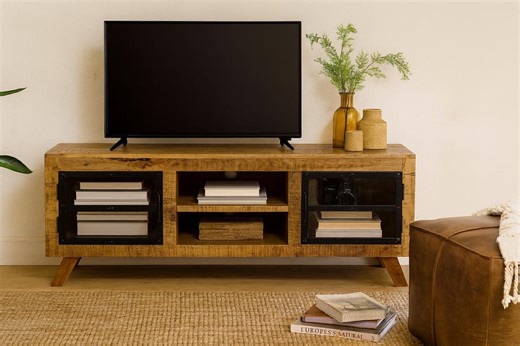 Handcrafted Solid Wood TV Console With Glass Cabinets - Etsy