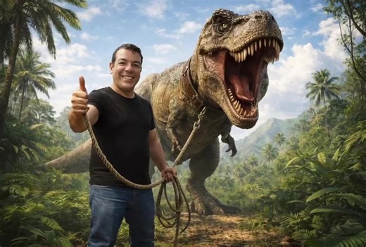 T-rex Prompt: Ultra-realistic cinematic fantasy scene of a smiling middle-aged man standing confidently in a lush prehistoric jungle, holding a thick rope leash attached to a massive Tyrannosaurus rex. The man wears a fitted black t-shirt, blue jeans, and black boots, giving a thumbs-up gesture toward the camera with a cheerful, fearless expression. The T-rex towers behind him, mouth wide open in a powerful roar, razor-sharp teeth fully visible, detailed scaly skin, muscular legs, long tail, and
