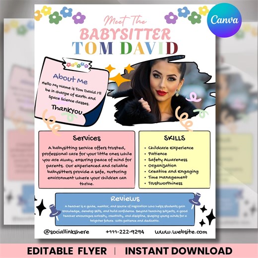 Babysitter Flyer Canva Template, Childcare Services Flyer Design, Babysitting Resume, Nanny Daycare Advertising, DIY Text, Instant Download - Etsy Australia
