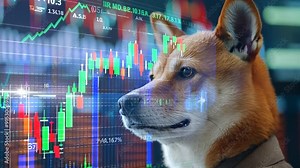 Shiba Inu dog observing stock market graphs and financial data
