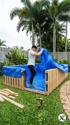 Build a wooden pallet pool in backyard #shorts #diy