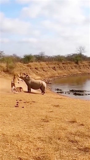Lion Attacks Baby Rhino, Mother Sends Lion Flying!