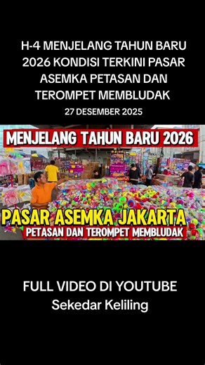 Halo teman-teman! Di video kali ini saya mengajak kalian melihat langsung suasana Pasar Asemka Jakarta yang membludak menjelang Tahun Baru 2026. Penjual petasan dan terompet berjejer memenuhi pasar, pembeli datang silih berganti, suasana makin padat dan ramai. Dari pagi sampai malam, Pasar Asemka jadi pusat perburuan perlengkapan tahun baru. Suara terompet, tawar-menawar harga, dan keramaian khas pasar tradisional benar-benar terasa di sini. Buat kalian yang penasaran seberapa ramai Pasar Asemka