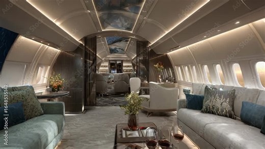 Opulent private jet interior showcasing a refined lounge space with designer decor, advanced lighting, and a seamless blend of comfort and style