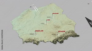 Seamless looping animation of the 3d terrain map of Poland with the capital and the biggest cites in 4K resolution Stock Video