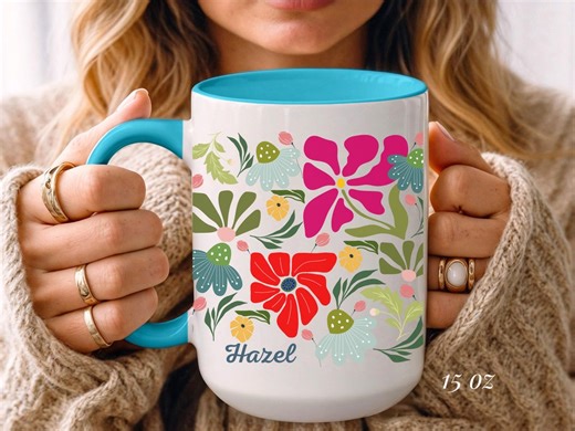 Personalized Floral Mug, Abstract Boho Botanical Cup Gift - Etsy