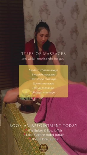 What massage is right for you? Listen to your body and choose the treatment that matches your needs: 📌Modern Thai Massage – Deep stretches to improve flexibility and release tension 📌Swedish Massage – Gentle, relaxing strokes for overall wellness 📌Hot Stone Massage – Warm stones to melt stress and ease tight muscles 📌Sports Massage – Targeted relief for active bodies and sore muscles 📌Hot Oil Massage – Nourishing oils for deep relaxation and skin hydration 📌Shiatsu Massage – Pressure-point