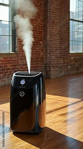 A black humidifier sits on a hardwood floor, emitting a plume of white steam
