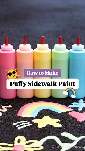 DIY PUFFY SIDEWALK PAINT ❤️🧡💛💚💙 Squeeze to paint, bright and fluffy, and washable! INGREDIENTS (per color) 1 cup flour 1 cup water 1 stick sidewalk chalk (crushed into powder) 2 cups foam shaving cream 1/2 teaspoon salt #kidsartsandcrafts #kidsactivities | The Soccer Mom Blog - Positive Inspiration for Moms
