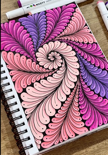 Easy Beginner Zentangle Pattern with Pink and Purple Colors