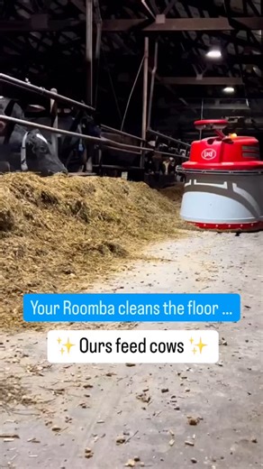 Imagine a barn Roomba — but instead of vacuuming, it’s pushing feed. 🤖🐄 . . Meet the automated feed pusher: a smart piece of tech that glides up and down the barn aisle, nudging feed back within reach so cows can snack throughout the day. . . It’s a simple task with a big impact. It helps to: . . ✔️ Ensure cows always have access to fresh feed ✔️ Reduce waste by keeping feed from spoiling ✔️ Save time and energy for farmers ✔️ Support better cow health and digestion . . It’s one of many ways m