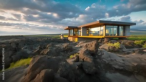 This contemporary lava field house is designed with sustainability in mind utilizing geothermal heating and cooling systems and built on a foundation that minimizes disturbance
