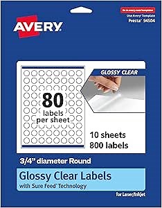 Avery Glossy Clear Round Labels, Sure Feed Technology, 0.75" Diameter, 800 Glossy Clear Labels, Print-to-The-Edge, Laser/Inkjet Printable