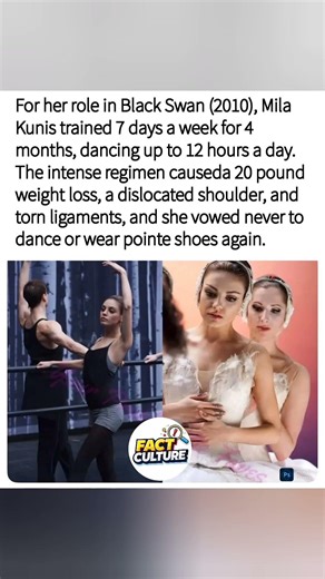 Mila Kunis trained 12 hours daily for Black Swan, causing injuries. #MilaKunis #BlackSwan #Ballet