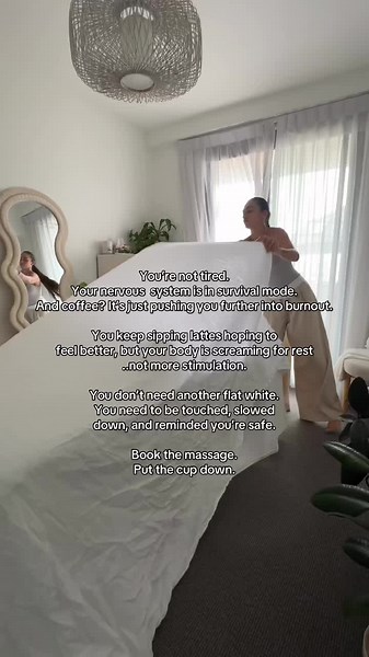 Caffeine won’t fix what your nervous system is screaming for. You’re not lazy. You’re not unmotivated. You’re just running on empty. The real antidote? Deep rest. Regulation. A reset that goes beyond another flat white. ✨ Book the massage. Put the cup down. ✨ Your body deserves it. #bodywork #healing #nervoussystemregulation #nervoussystemreset #selflove #selfcare