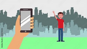 young man waving hand holds smartphone with city background