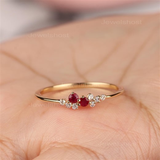 14K Solid Yellow Gold Ruby Diamond Curved Ring, July Birthstone, Minimalist Style - Etsy
