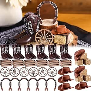 Amazon.com: Janinka 36 Pcs Western Cowboy Centerpieces for Table Mini Cowboy Wild West Party Decor Including Mini Horseshoes Hats Boots Wood Crates Hay Bales and Wheels for Western Wedding Birthday Party : Home & Kitchen