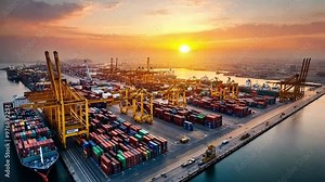 Cargo Movement at Dawn: Shipyard Crane Bridge Handling Container Ship and Plane in Logistics and Transport Sector