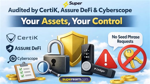 Your security is our top priority.SuperEarn is audited by CertiK, Assure DeFi, and Cyberscope 🔐Built to be non-custodial by design — your assets stay under your control.A quick reminder:We will never ask for your seed phrase in DMs. Never share your keys with anyone.Stay safe. Stay in control. https://t.co/ljtZjnEbKR ⚡️