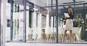 Window, office and business woman with phone call, documents or proposal discussion while networking. Glass, paperwork or female project manager with contract analysis, planning or client negotiation