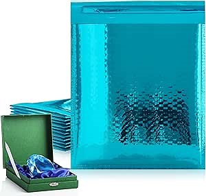 Teal Metallic Bubble Mailers, 6.5 x 9 Inches. 300 Pack Metallic Bubble Envelope Mailer. Bright Padded Envelopes Waterproof. Padded Shipping Envelopes for Fragile Things. Self Seal Mailers